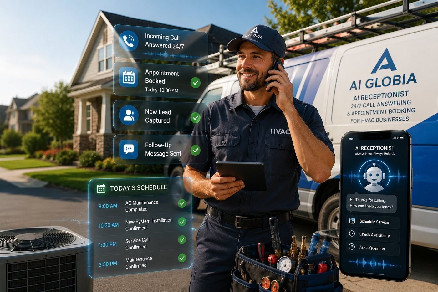 AI Globia AI receptionist answering calls, booking appointments and managing the schedule for an HVAC business