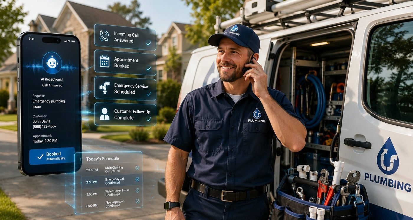 AI receptionist answering an emergency call and booking the job automatically for a plumbing business