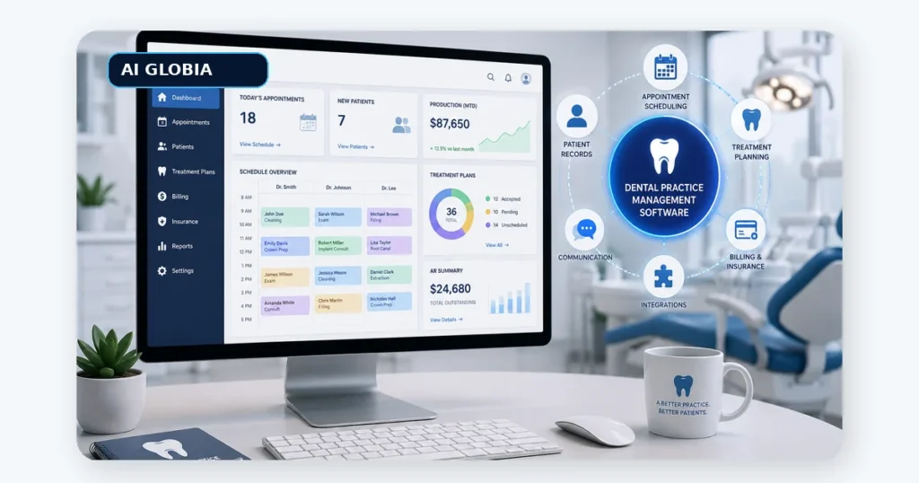 Dental practice management software dashboard connecting scheduling, patient records, treatment planning, and practice operations