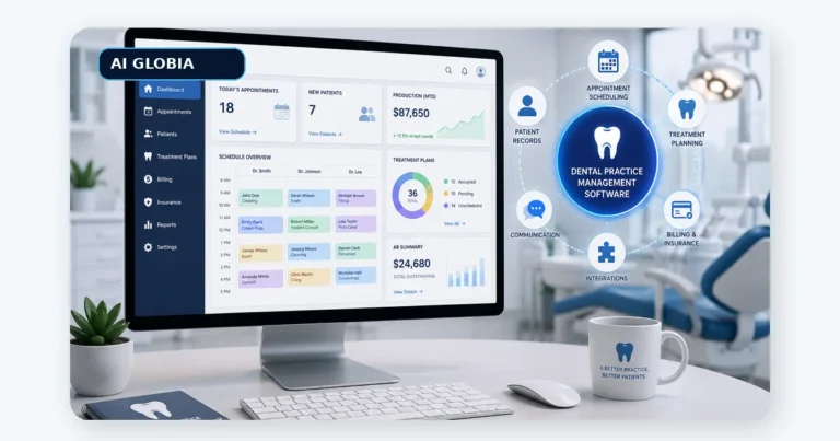 Dental practice management software dashboard connecting scheduling, patient records, treatment planning, and practice operations