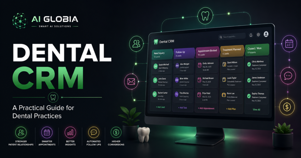 Feature Image Alt Text: Dental CRM workflow showing patient inquiries, follow-up, appointment booking, and pipeline tracking
